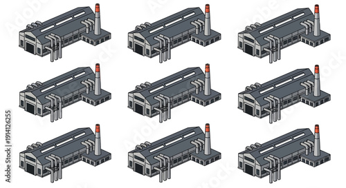 Nine identical isometric industrial factory buildings arranged in a 3x3 grid, representing manufacturing or production facilities