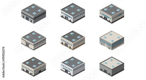 Isometric collection of modern industrial warehouse and office buildings, showcasing various architectural styles and roof designs