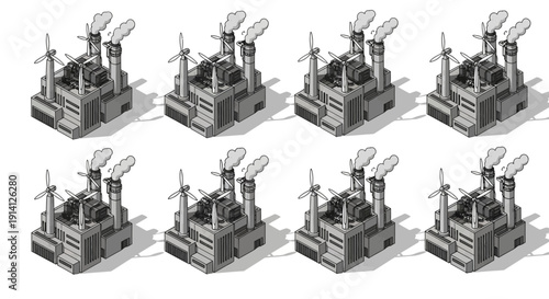 Industrial factory complex with multiple buildings emitting smoke, representing industry and manufacturing processes