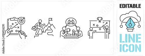 Editable line icon set in black simple and clean vector outline stroke for business strategy planning, competitive chess tactics, career climbing to success, corporate leadership and goal achievement