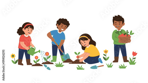 Four diverse children planting flowers and watering plants in a garden with colorful blooms against a clean white background.