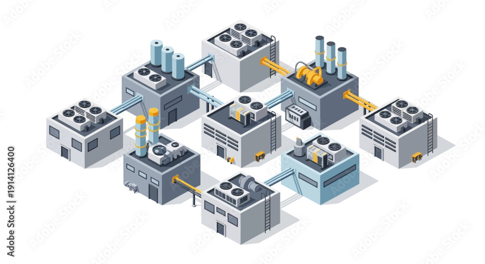 Fototapeta premium Industrial complex with interconnected manufacturing buildings and chimneys