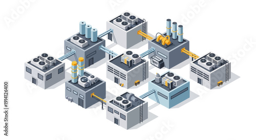 Industrial complex with interconnected manufacturing buildings and chimneys