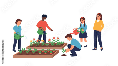 Illustration of people gardening together in a community garden with flowers and plants on a white background.