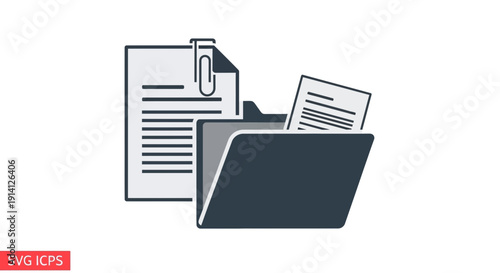 Document folder with papers and paperclip icon, office supplies illustration