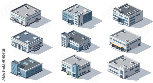 Collection of Isometric Industrial Buildings in a Flat Design Style