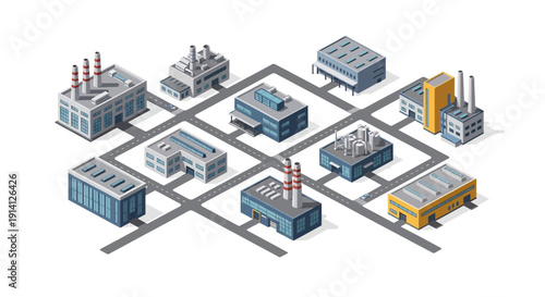 Collection of industrial factory buildings and manufacturing plants depicted in isometric view, representing industrial infrastructure and production facilities