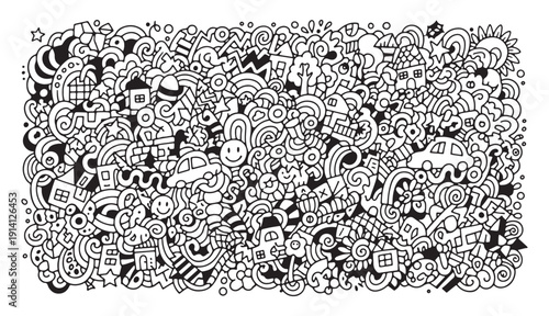 Playful town doodle illustration with small houses cars rainbows and smiley faces in a dense black and white line art composition