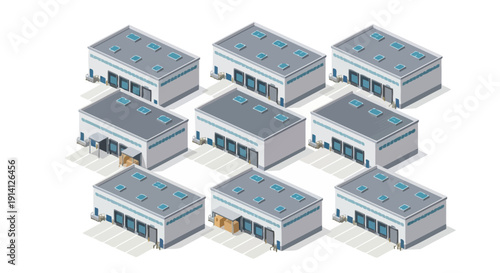 Isometric warehouses with loading docks and boxes, a modern industrial complex for storage and logistics