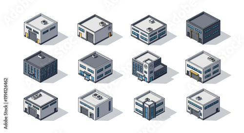 Isometric building icons for urban development and real estate projects
