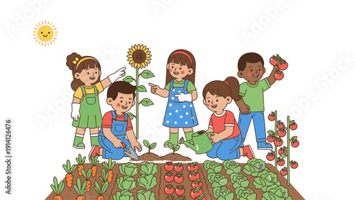 Diverse group of children gardening together outdoors with various plants and flowers in a sunny setting.