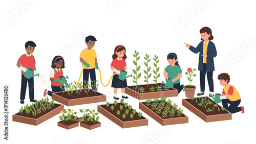 Illustration of children and an adult gardening together with various plants in brown planters on a white background with a lively and educational atmosphere.