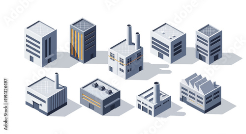Collection of isometric industrial buildings and factories with detailed architectural elements and urban design