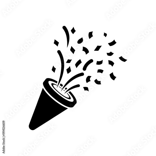 A black party popper erupting with confetti a celebratory graphic silhouette