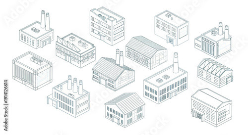 Collection of Industrial Building Icons in Isometric View, Representing Factories and Manufacturing Facilities