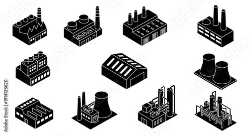 Collection of isometric industrial factory buildings and structures, representing manufacturing and production facilities