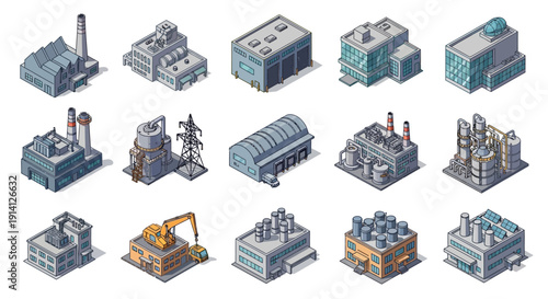 Set of Isometric Pixel Art Industrial Buildings and Factories for Game Development and Design