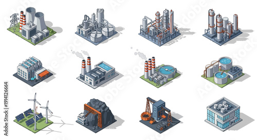 Isometric industrial factory buildings with renewable energy sources and oil extraction facilities