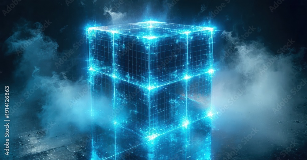 Obraz premium Glowing cube structure rises from dark surface. Blue light emanates, surrounded by misty smoke. Futuristic, digital aesthetic dominates scene.