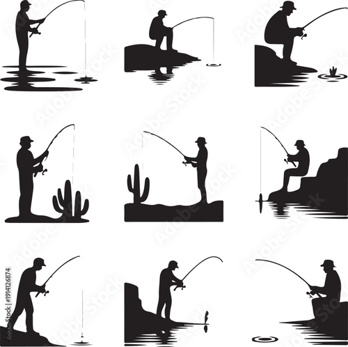 Silhouette of people fishing in various poses and locations outdoors