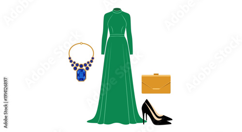Elegant Green Evening Gown with Accessories
