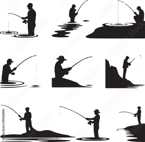 Silhouette of people fishing in various poses and locations  recreational fishing