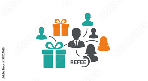 Referral program, gift boxes, team connection, business concept