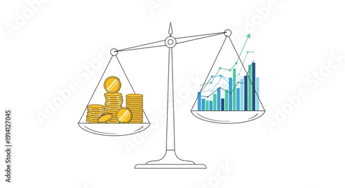 Balance Scale Comparing Coins and Financial Growth Chart