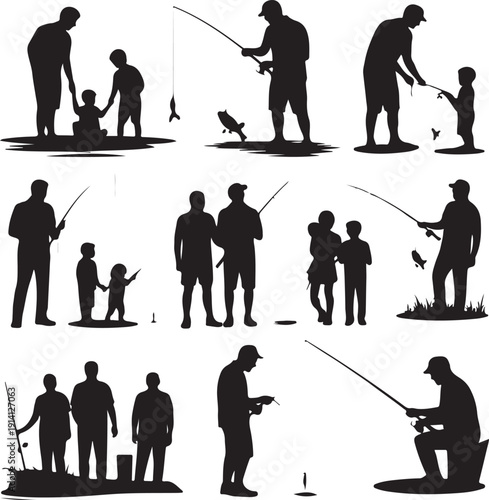 Silhouettes of people fishing alone and with family  various poses