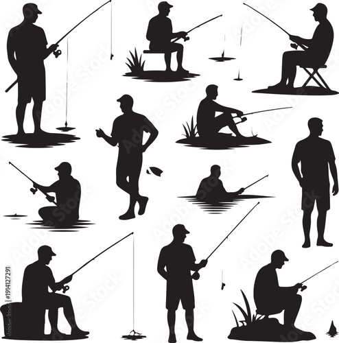 Silhouettes of people fishing in various poses and locations outdoors