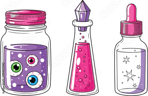 Magic Potion Bottle Vector Set with Cute Monster Eyes, Witch Elixir, Fantasy Glass Containers and Whimsical Cartoon Halloween Elements