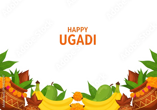 Happy Ugadi Festival Celebration with Fruits and Traditional Pots
