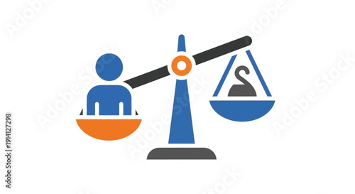 Balance scale with person and swan icon, concept of choice or justice