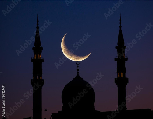 Crescent moon shines brightly over mosque at dusk with minarets