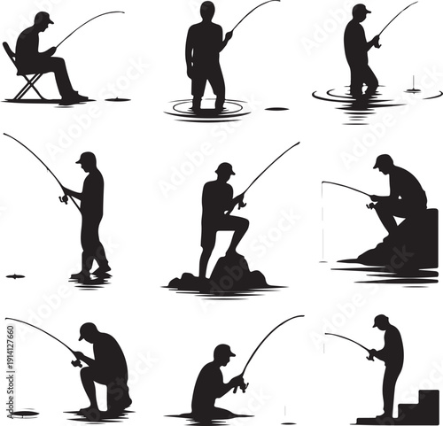 Silhouette of people fishing in various poses on water  recreational activity