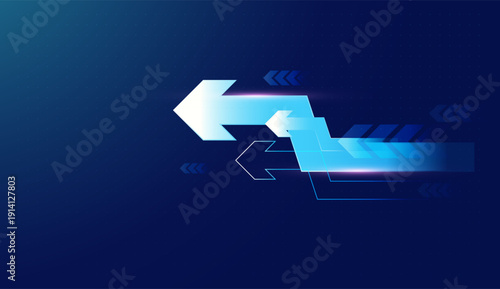 Glowing arrows move backward across a blue background, forming a digital chart that reflects finance and business decline. Vector illustration design