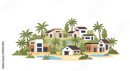 Tropical Village Scene with Modern Houses and Palm Trees