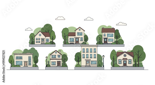 Charming Cartoon Houses Collection: Diverse Architectural Styles with Greenery