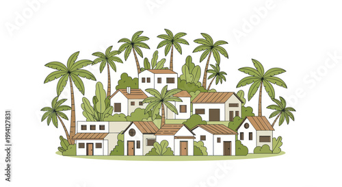 Tropical Village Scene with Palm Trees and Houses - Flat Illustration