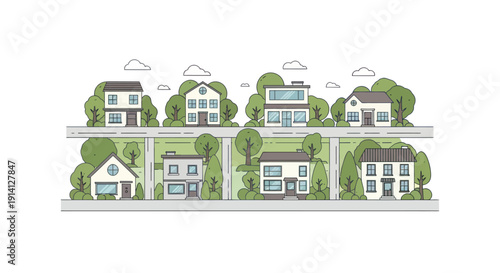 Diverse Houses and Trees on Street - Flat Illustration, Suburban Neighborhood