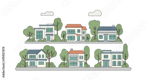 Modern Suburban Houses, Trees, and Clouds Vector Illustration
