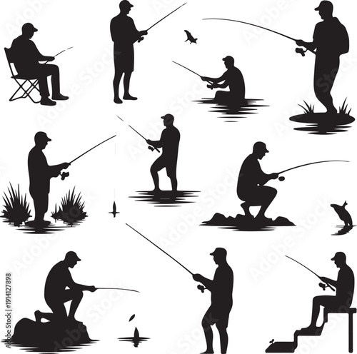 Silhouette of people fishing in various poses on water  recreational activity