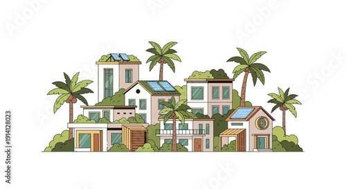 Eco-friendly houses with solar panels and palm trees, modern sustainable architecture