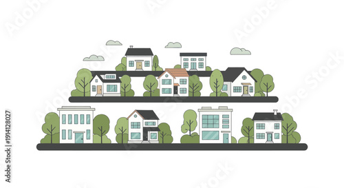 Modern residential neighborhood with diverse houses and trees, flat design illustration
