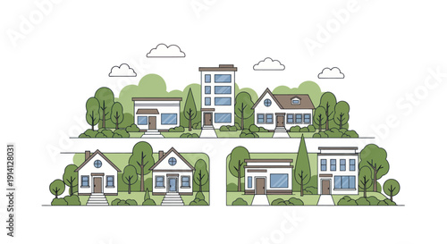Charming Neighborhood Row Houses and Modern Buildings with Green Trees and Clouds