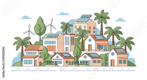 Eco-friendly city with solar panels and wind turbines, sustainable urban living