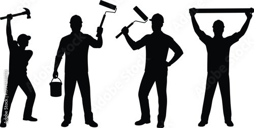 Construction and painting worker silhouettes set, builders with rollers hammer and bucket, renovation team collection isolated