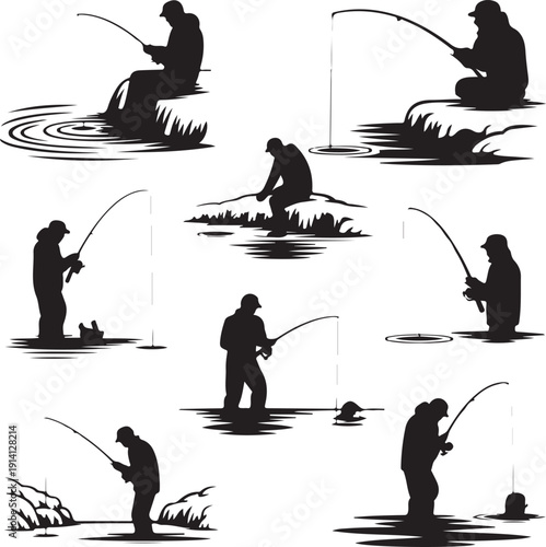 Silhouettes of people fishing in water with various poses and rods
