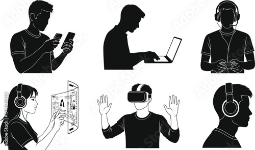 Black vector silhouette set of people using mobile smartphones laptops virtual reality headsets and gaming headphones for digital technology lifestyle and multimedia branding design,