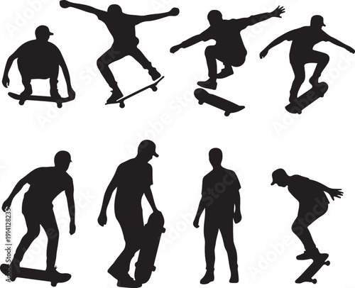 Silhouettes of people skateboarding in various poses and actions on white